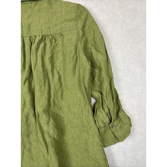 Poetry Dress Size 2 100% Linen Green 3/4 Sleeve Button Side Slit Pockets Preppy - Picture 11 of 11